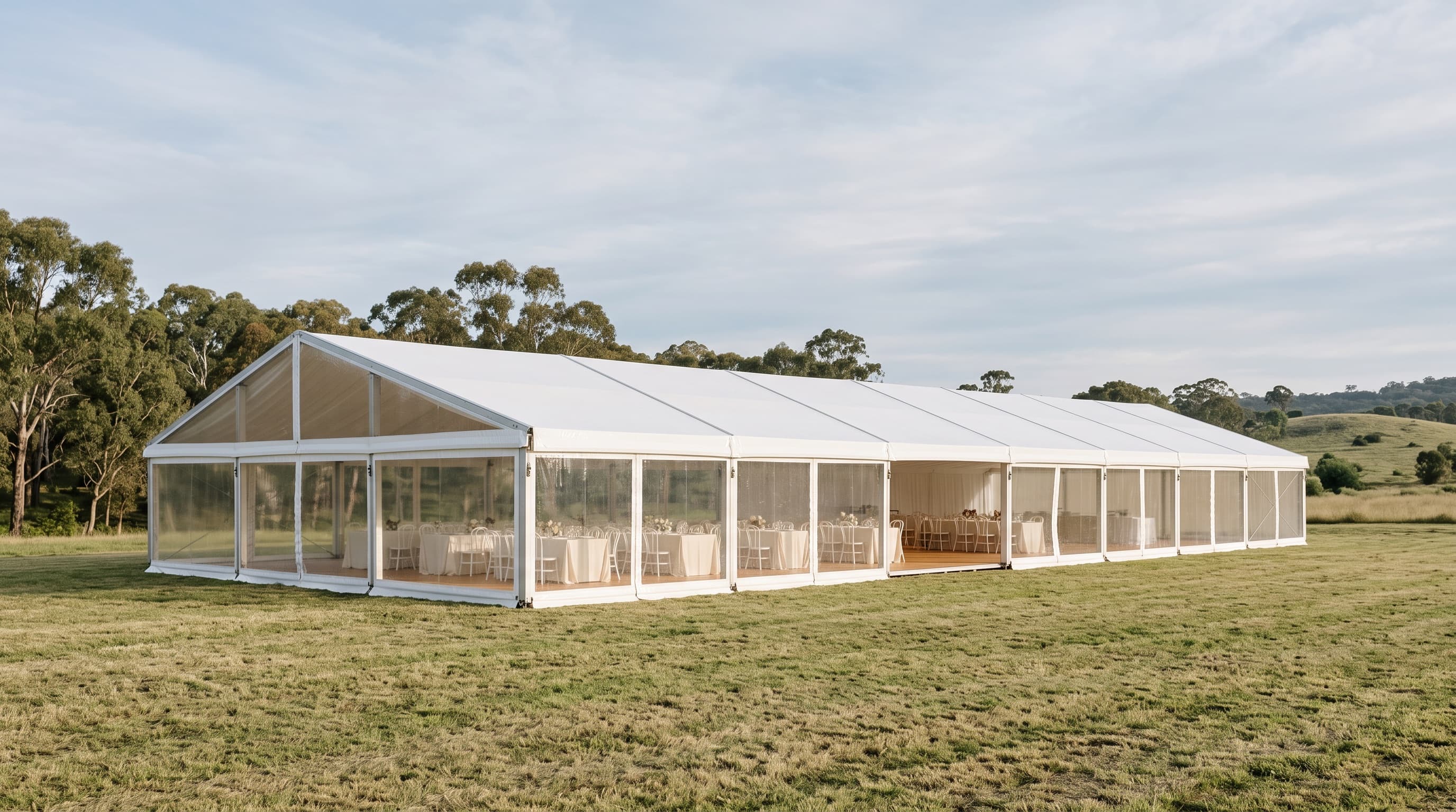 A marquee set up on open pasture