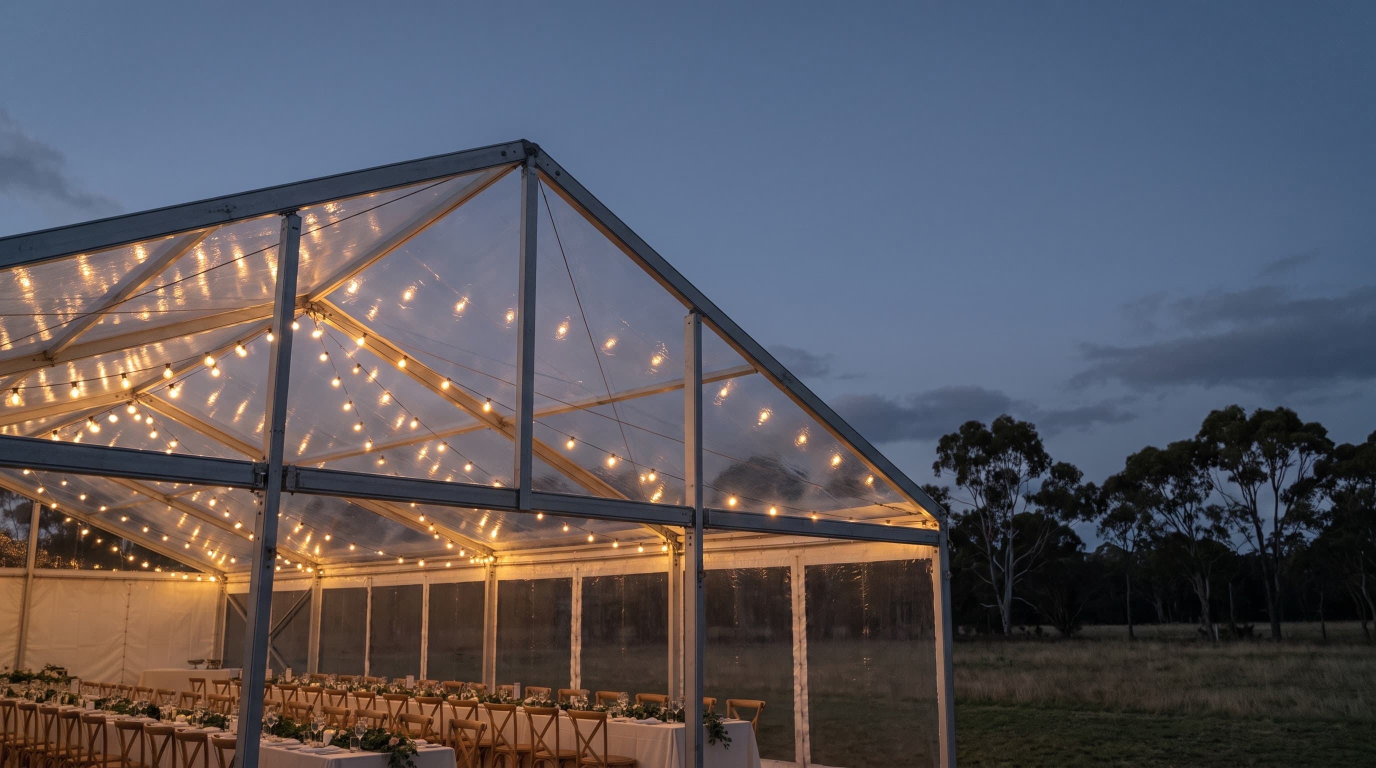 Festoon lighting strung beneath a marquee roof