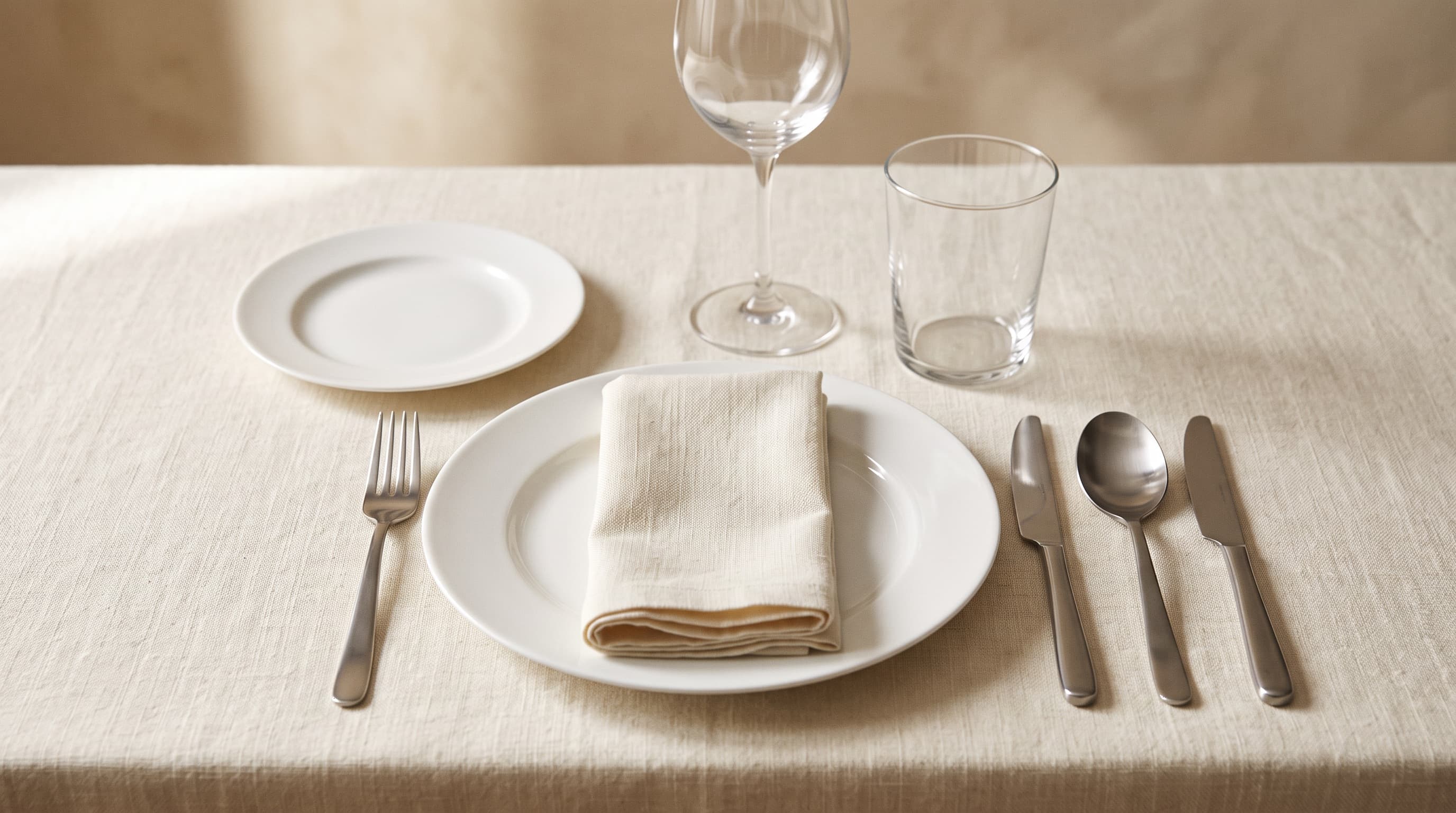 Place setting with china, glassware and cutlery on ivory linen