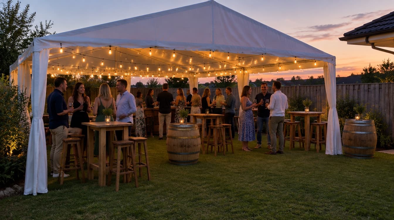 Marquee at dusk with festoon lighting and round tables on open pasture