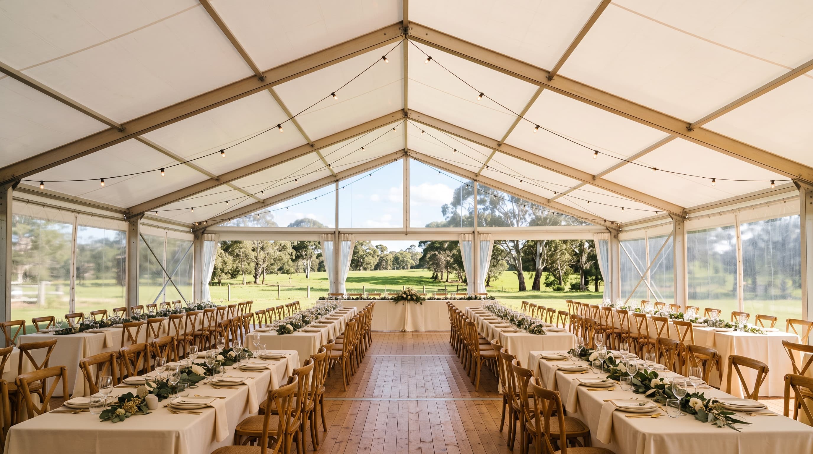 Clear-wall wedding marquee with timber floor and festoon lighting on a rural property
