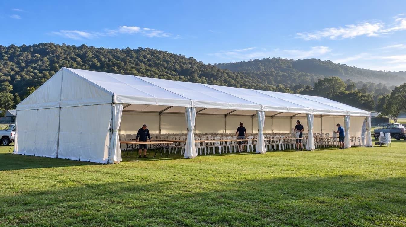Crew laying out trestles and chairs inside a marquee on a showground